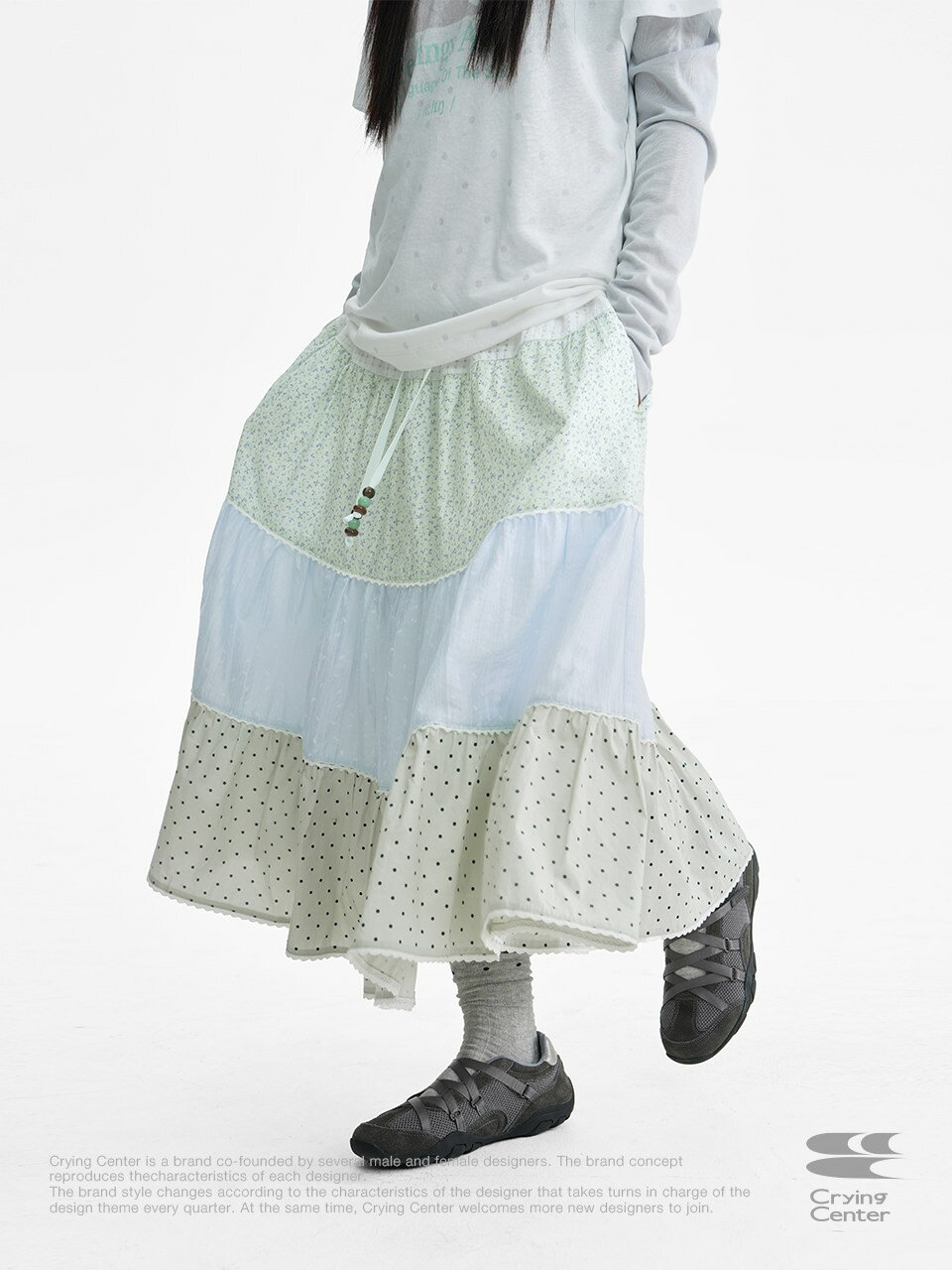 CryingCenter韓系拼接波點蛋糕半身裙鬆緊腰抽繩碎花分層中長裙