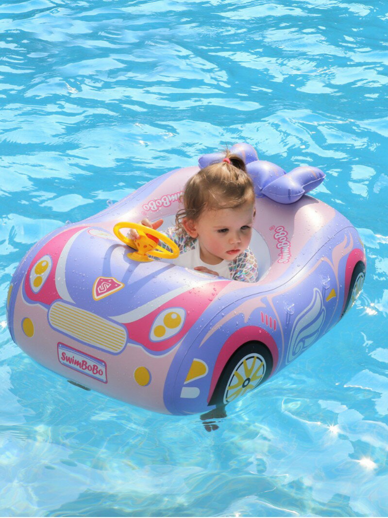 swimbobo新款粉色蝴蝶結 座圈兒童跑車造型游泳圈迷你方向盤坐圈