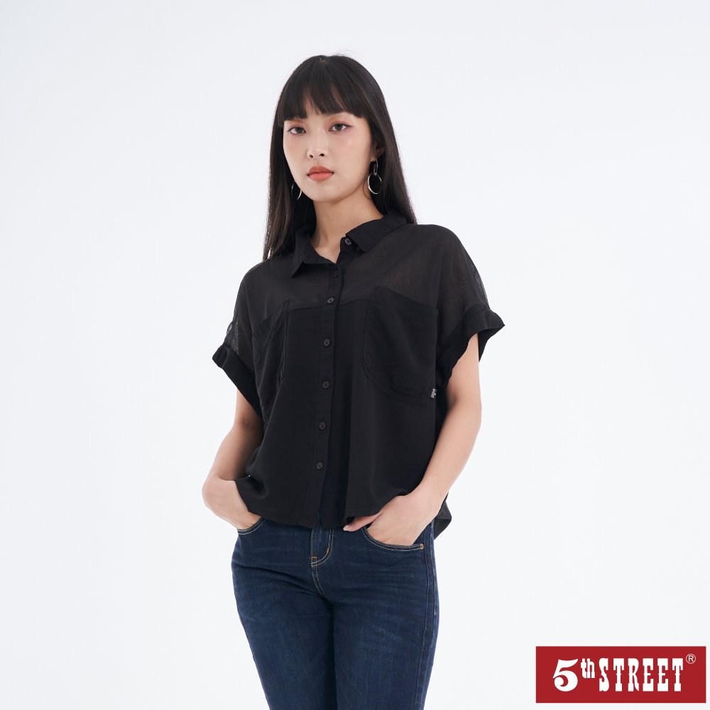 女雪紡拼接短袖襯衫-黑色【5th STREET】★網路獨賣款