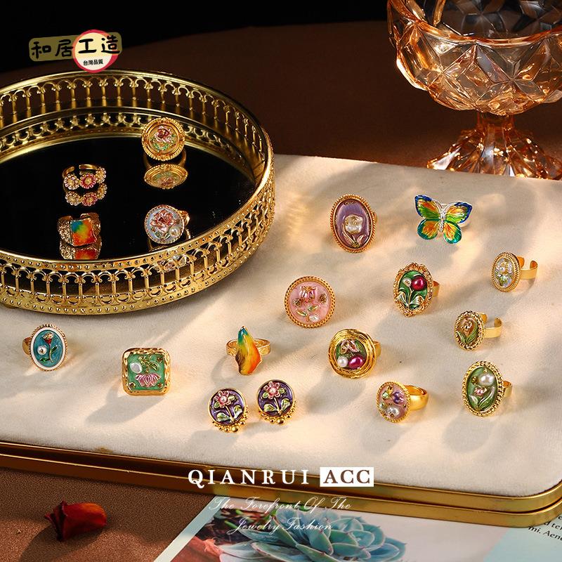 中古vintage飾品油畫系列花朵戒指巴洛克天然珍珠手飾夏小眾文藝[DD0508003]