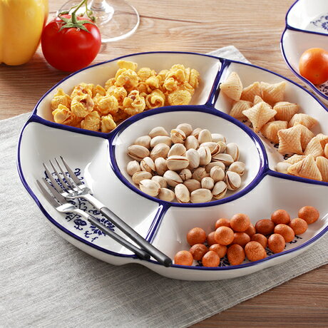 青花陶瓷餐具 五果盤 創意家用陶瓷餐具水果拼盤鹵水拼盤分隔餐盤