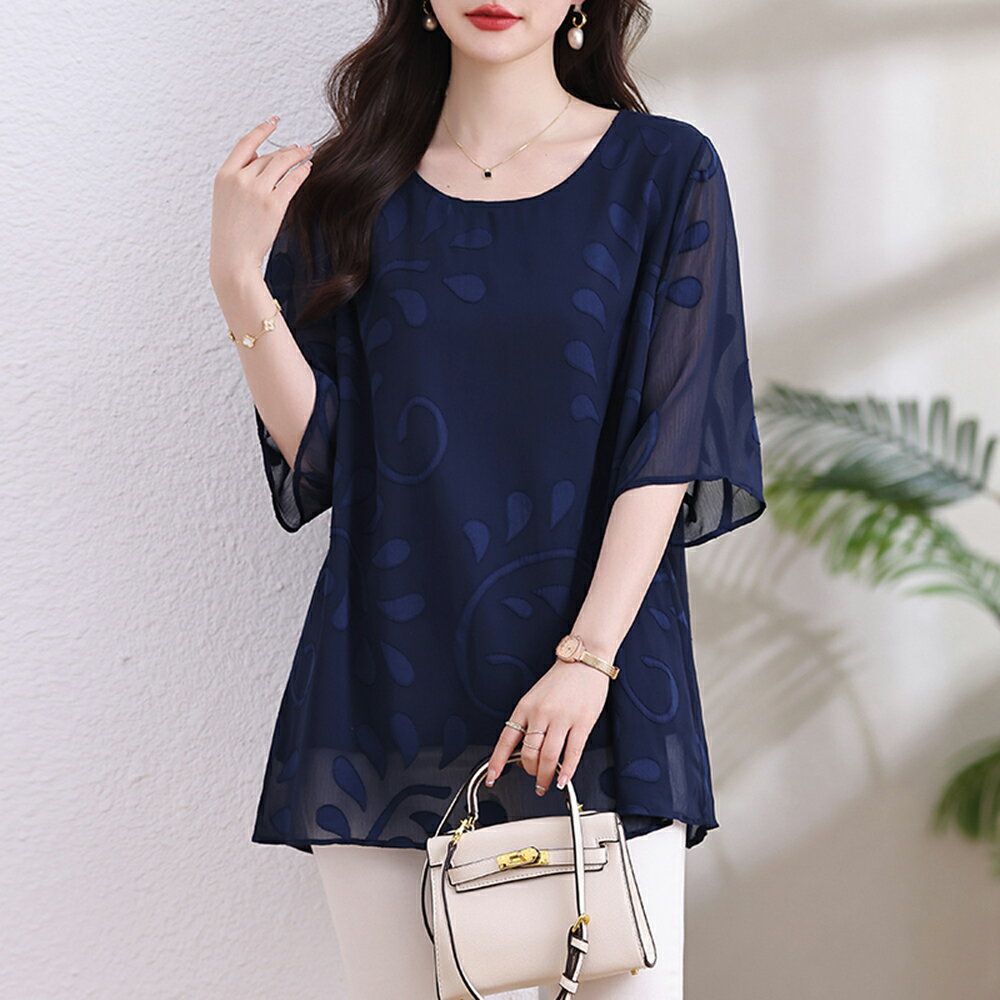 ＊ORead＊緹花雪紡上衣(藍色L~5XL)