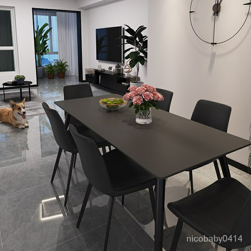 工廠直銷 批髮 純黑巖闆餐桌小戶型現代簡約傢用新款輕奢黑色極簡餐桌椅組閤桌子 GNK9