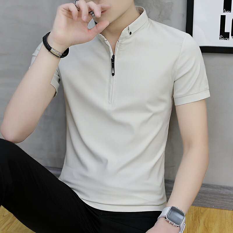 男士短袖T恤夏季韓版潮流polo衫修身半袖立領襯衫潮牌拉鏈帥氣T恤