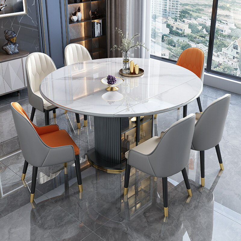 巖板餐桌現代簡約可變圓形伸縮折疊圓桌家用小戶型方圓兩用餐桌椅