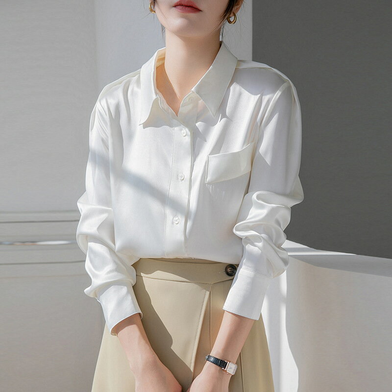 楓林宜居 實拍2023春秋溫柔白色長袖襯衫女氣質垂感緞面法式襯衣小眾上衣