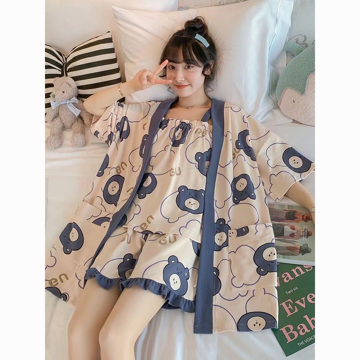 uD83D uDD25吊帶睡衣女 薄款韓系小熊外搭短褲學生可愛少女家居服三件套裝