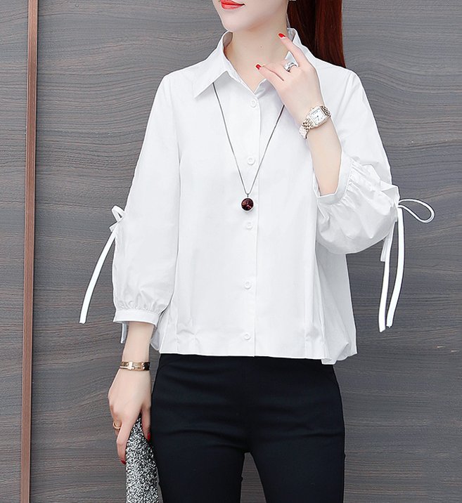 FINDSENSE品牌 秋季 新款 韓國 甜美 燈籠袖 氣質Polo領 顯瘦 長袖襯衫 時尚 潮流 上衣