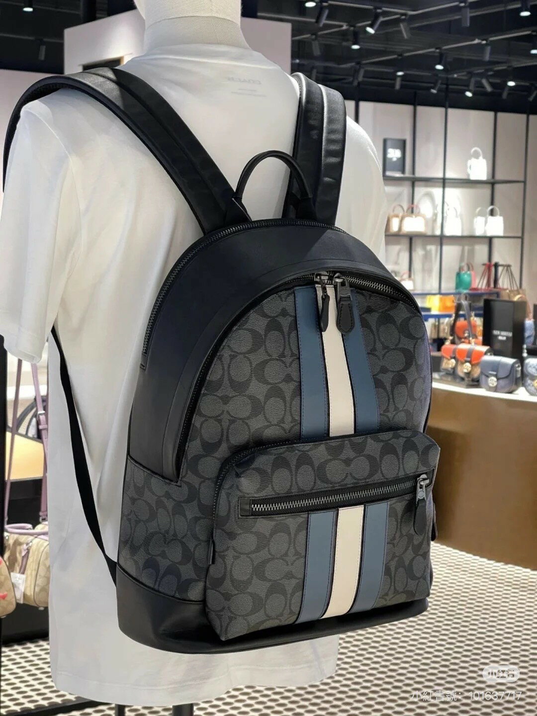 現貨在台~不用等。 Coach 大容量防刮防水 ❤️藍白條紋LOGO後背包