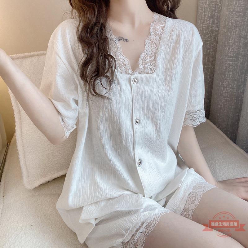 甜美蕾絲宮廷公主風夏季薄款短袖睡衣女士性感簡約棉質開衫家居服