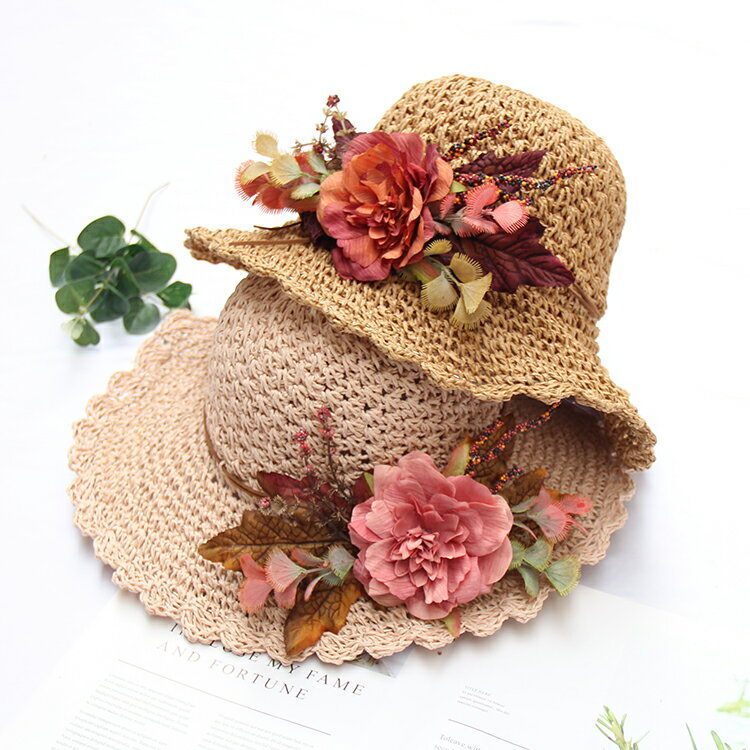編織帽子女韓版潮百搭花朵草帽女夏季小清新海邊防曬沙灘帽可折疊