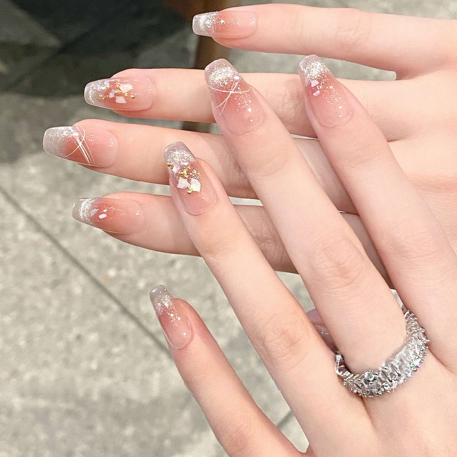 高階法式貓眼冰透純手工穿戴甲成品中長款腮紅美甲貼片顯白