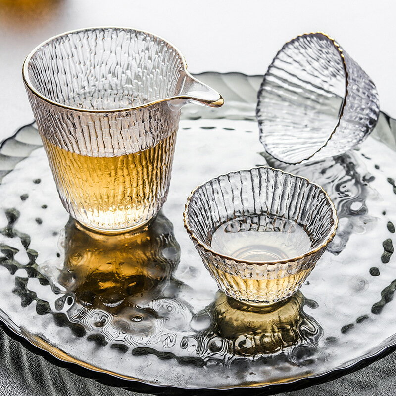 中式公道杯玻璃錘紋竹韻蓋碗功夫茶具套裝日本耐熱茶器配件泡茶器