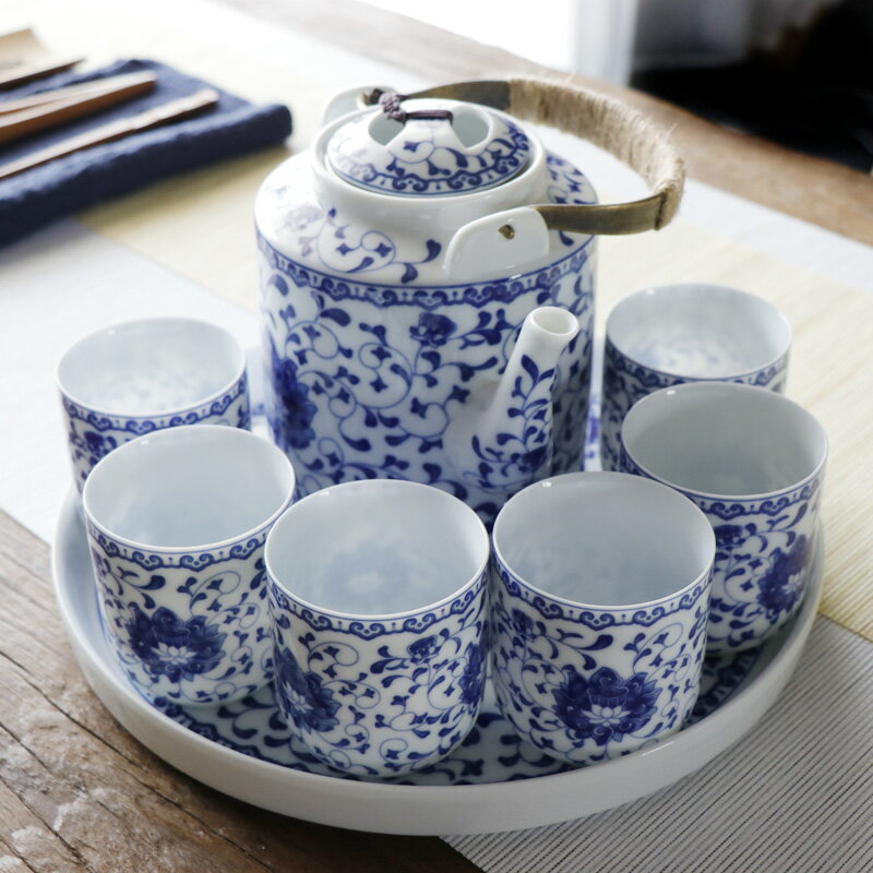 釉下青花瓷提梁壺景德鎮陶瓷茶具套裝家用整套中式泡茶壺茶杯大號