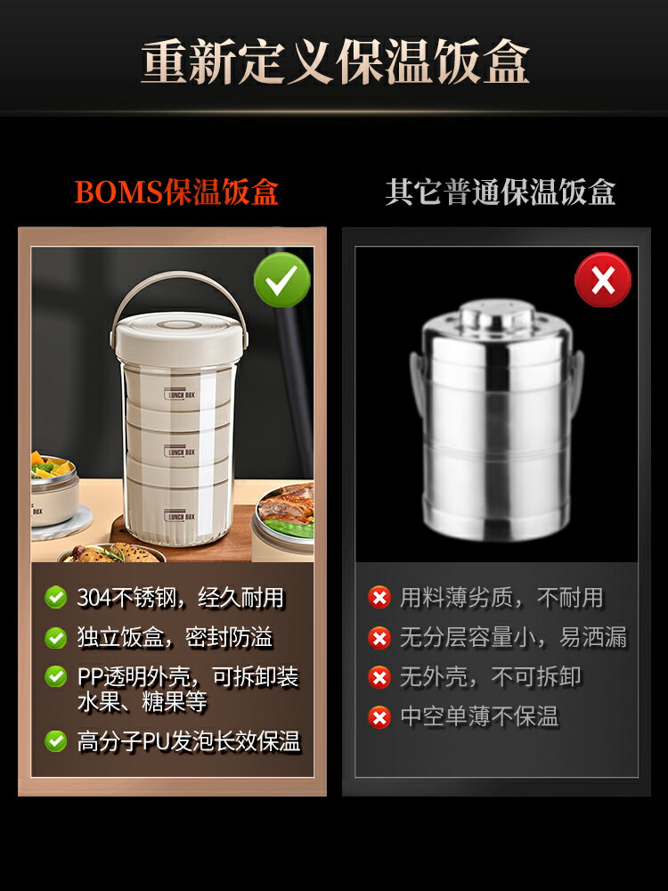BOMS保溫飯盒上班族飯桶304不銹鋼便攜保溫桶家用便當盒多層套裝