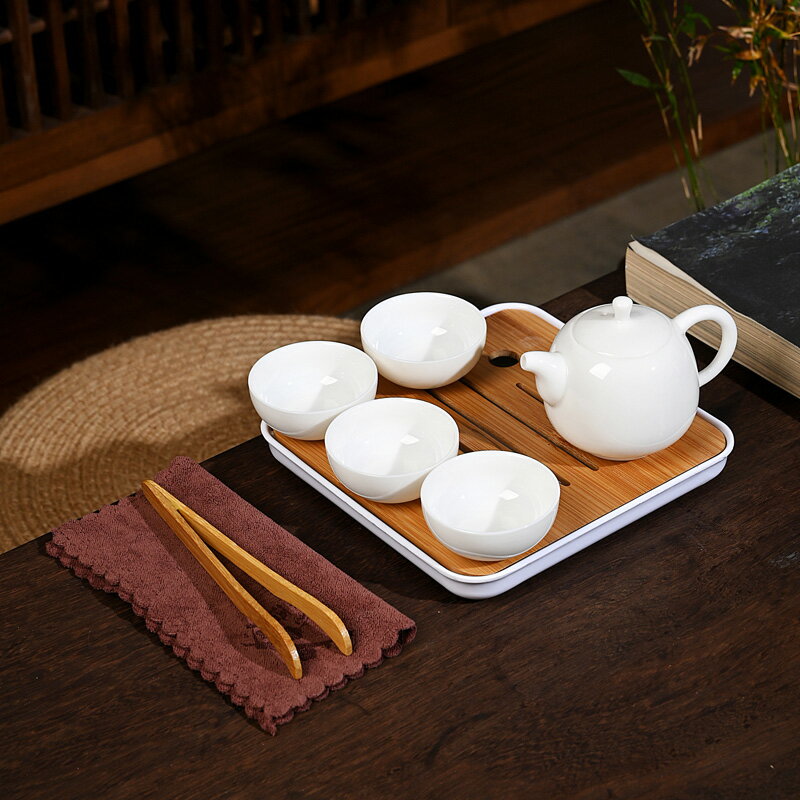 羊脂玉瓷茶具套裝家用功夫白瓷簡約陶瓷一壺四茶杯泡茶壺帶茶盤E