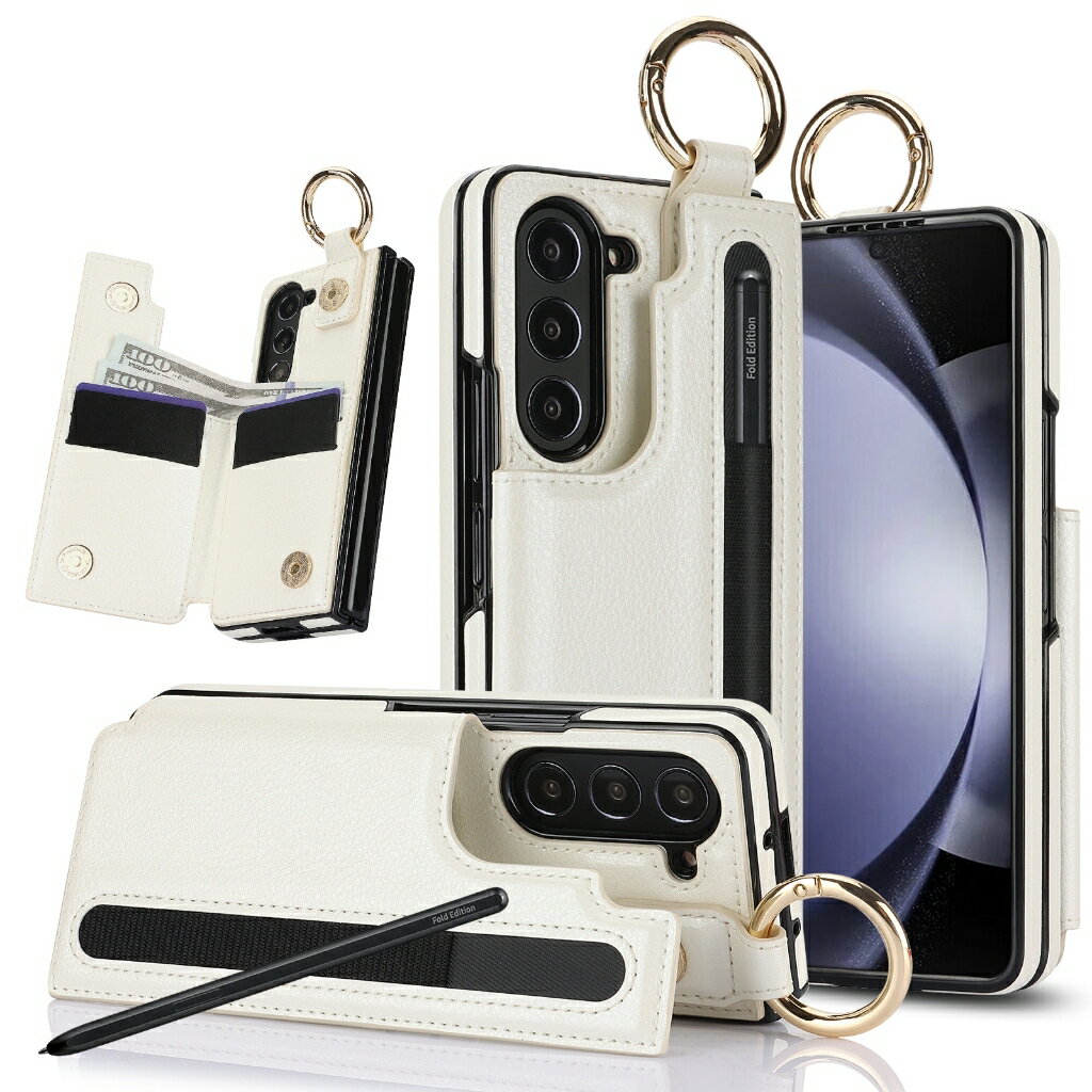 奢華高階三星 Z Fold6 5 4手機殼 指環扣荔枝皮紋雙釦翻蓋卡包 帶筆槽 折疊屏保護套Zfold3手機套 減震防摔