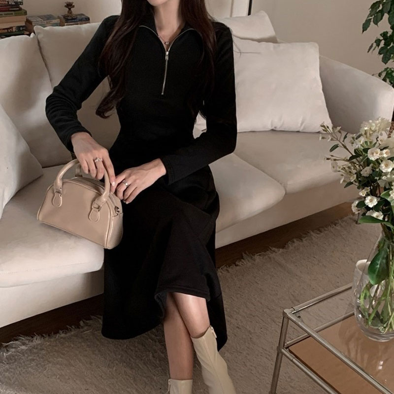 ANNAS 正韓刷毛拉鍊腰身洋裝 長袖加絨連身裙 保暖顯瘦顯腰身 韓國刷毛長洋裝 V領高領長裙 5