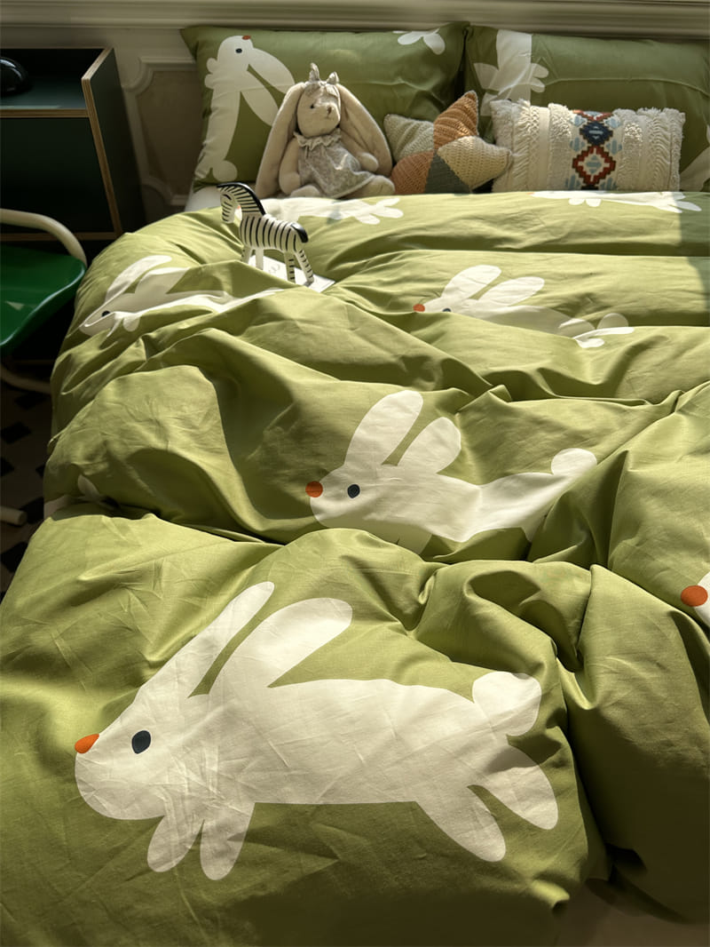 四季通用綠意小兔 系列全棉床包四件套 全棉水洗材質 被套床