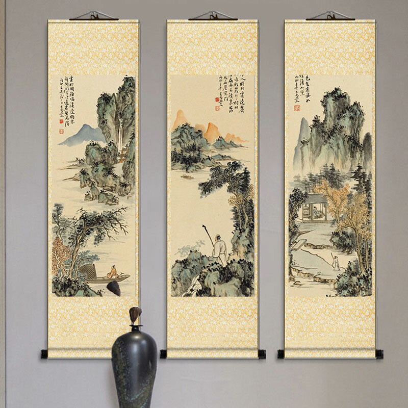 仿古畫周毅山水畫掛畫朋自遠方來卷軸酒店裝飾畫詩情畫意豎版字畫