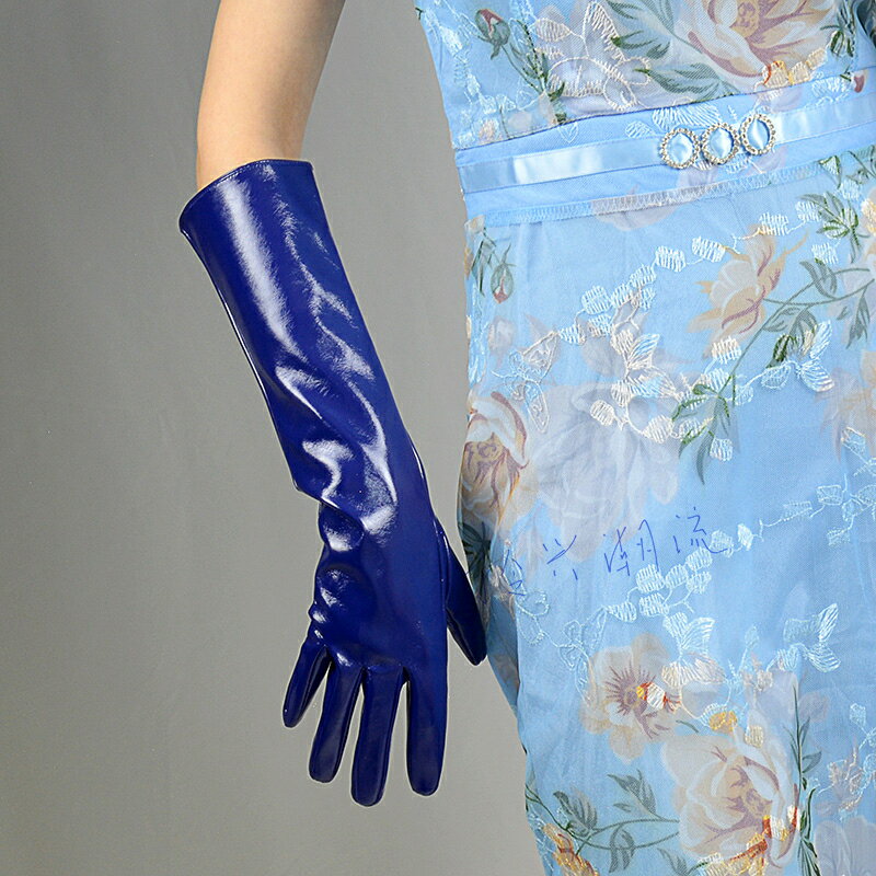 40cm性感乳膠漆皮手套亮藍色情趣透明視絲滑夜店酒吧演出長臂袖套