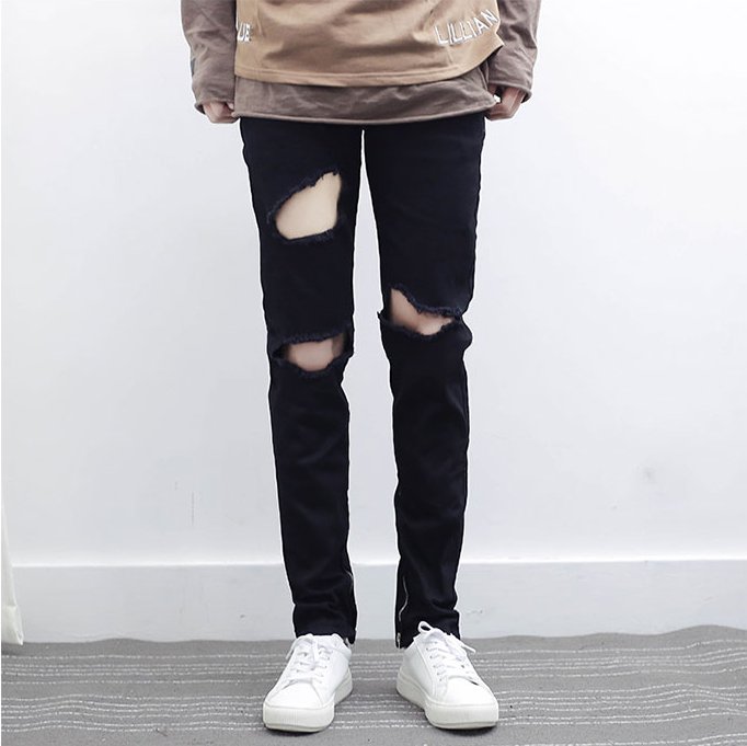 FINDSENSE品牌 韓國2017新款 潮男個性拉鏈設計 破洞牛仔褲小腳褲黑色
