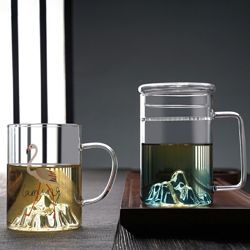 玻璃茶杯耐熱過濾月牙綠茶杯創意透明水杯富士山茶水分離泡茶杯子