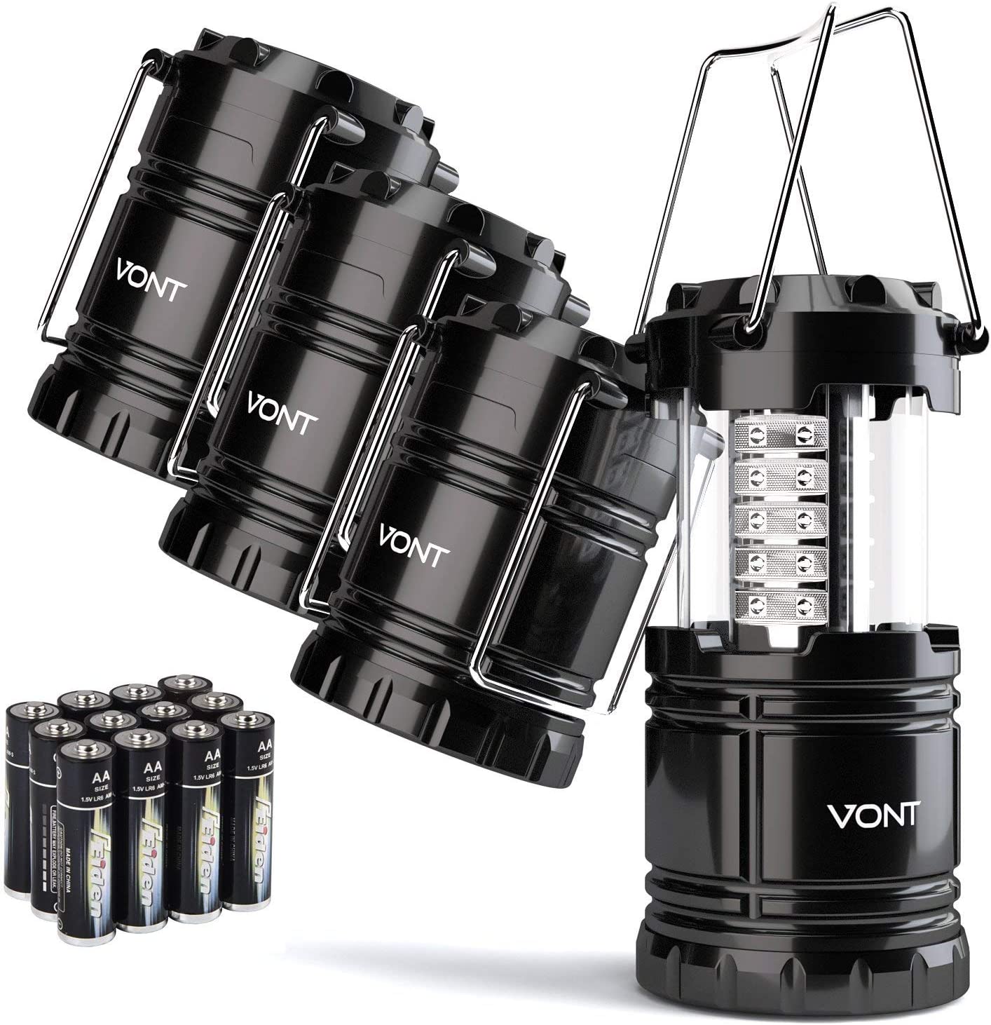 【美國代購】Vont 4 件組 LED露營燈,LED燈,適用於颶風求生包,風暴與停電緊急照明，戶外便攜式提燈,黑色,可折疊,(含電池)