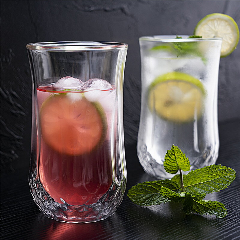 創意雙層耐熱玻璃杯家用水杯刻花威士忌酒杯高款果汁杯綠茶玻璃杯