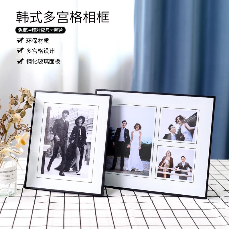 三宮格相框制小相框擺臺黑色水晶玻璃桌擺組合結婚照片製作10寸