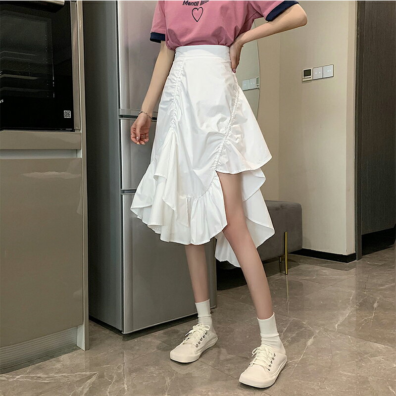 氣質不規則白色半身裙女夏季年新款韓版高腰顯瘦中長款裙子潮