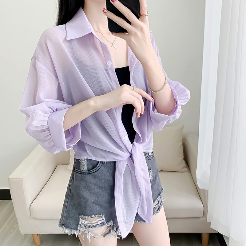 兩件套防曬衣女開衫年新款夏季韓版寬松雪紡七分襯衫紫色襯衫