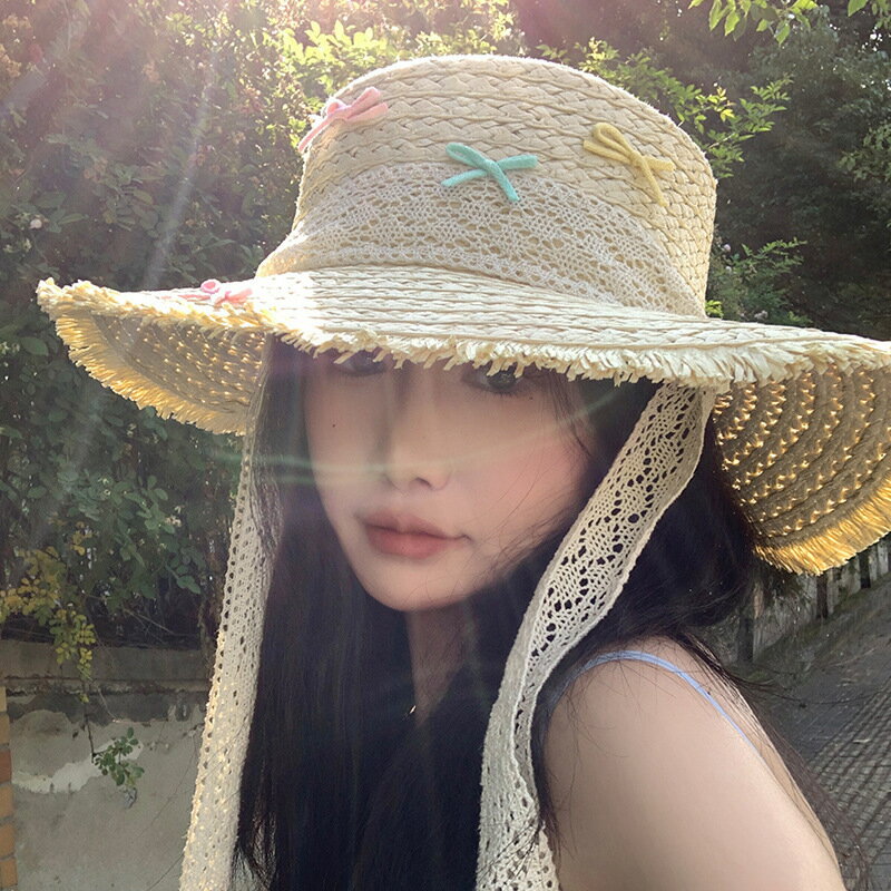 甜美蝴蝶結手工編織草帽女蕾絲系帶夏季出遊防曬遮陽帽沙灘太陽帽