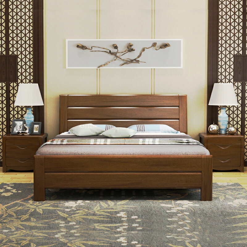 雙人床 胡桃木現代 新中式 全實木床高包儲物 氣動床 1.8米 雙人床 簡約抽屜床