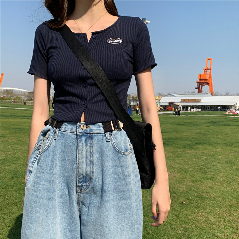 夏季韓國鬼馬少女系復古修身短袖T恤開衫顯瘦上衣彈力打底衫上衣1入