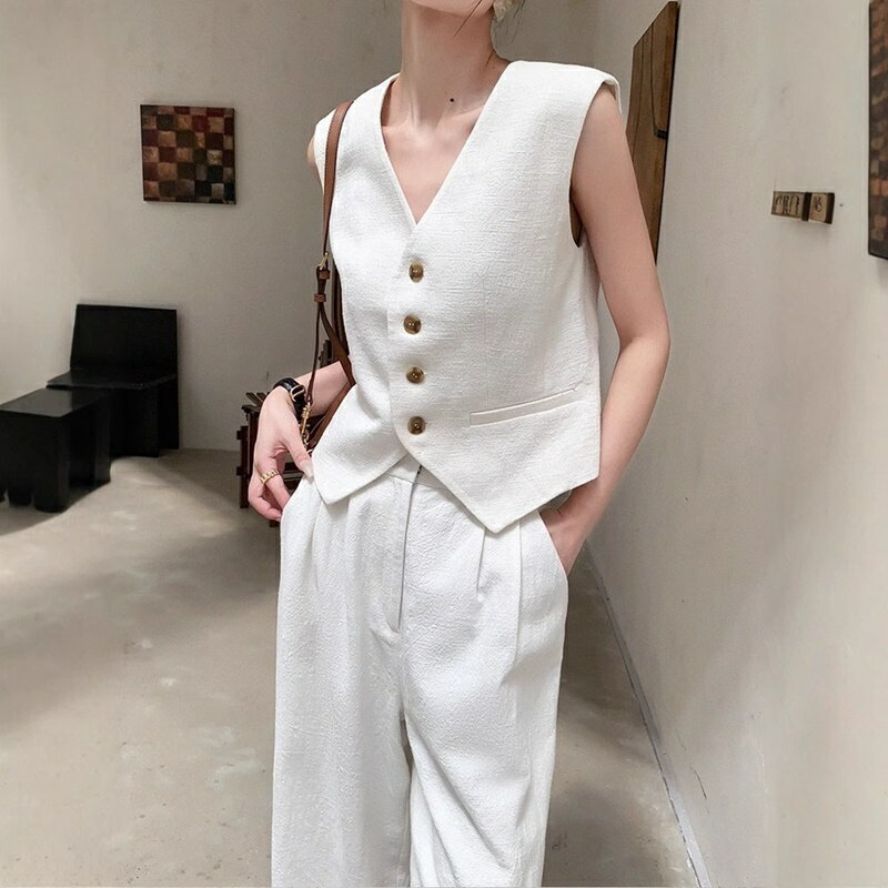 現貨秒發 休閒套裝無袖褲裝-西裝背心高腰寬褲女裝74km72【獨家進口】【米蘭精品】