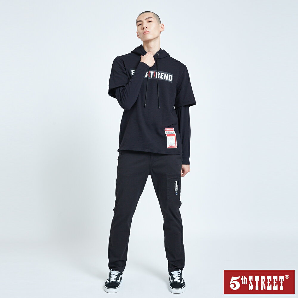 男裝 假兩件厚長袖帽T恤-黑色 (560746) 【5th STREET】【APP下單享4%回饋】 ★潮酷上衣 聖誕禮物券 最高折700 2