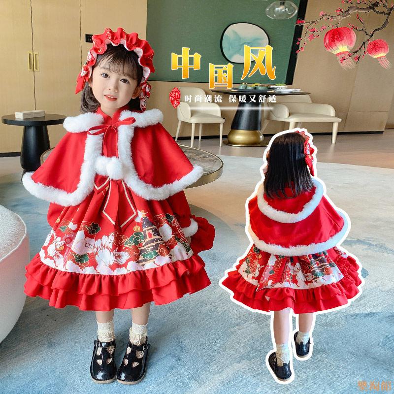 女童聖誕衣服秋冬款紅色洛麗塔公主裙兒童圣誕節服裝加絨加厚連衣裙