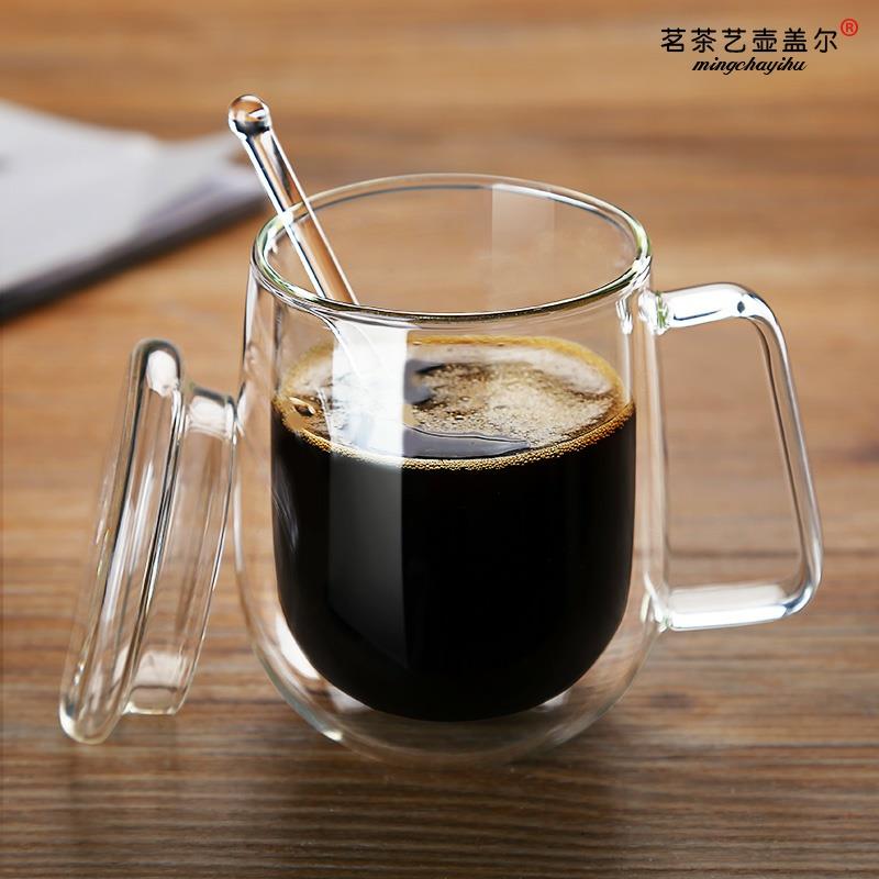 透明雙層隔熱玻璃杯家用帶把帶蓋水杯泡茶杯咖啡杯簡約清新ins風