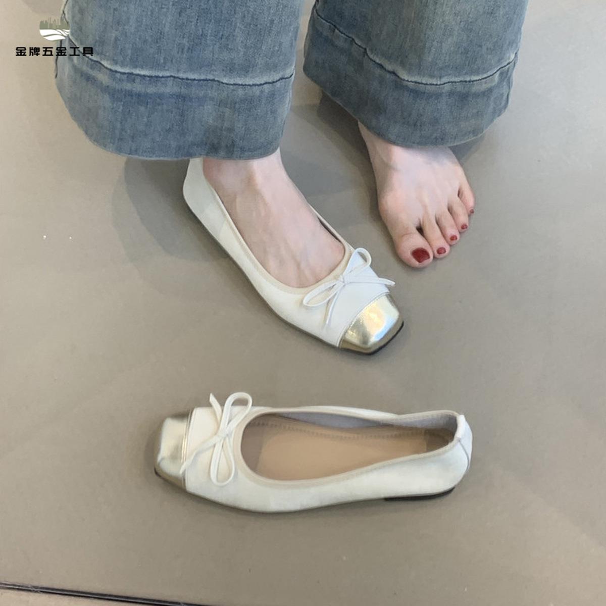 免運 法式 小香風 蝴蝶結淺口芭蕾單鞋女百搭方頭溫柔平底奶奶鞋wj7301