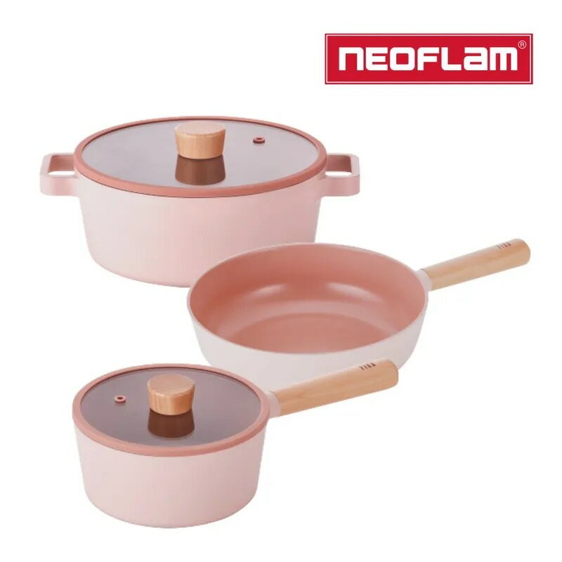 韓國 NEOFLAM FIKA PINK系列 鑄造3鍋組(雙耳湯鍋+單柄湯鍋+炒鍋)-粉紅