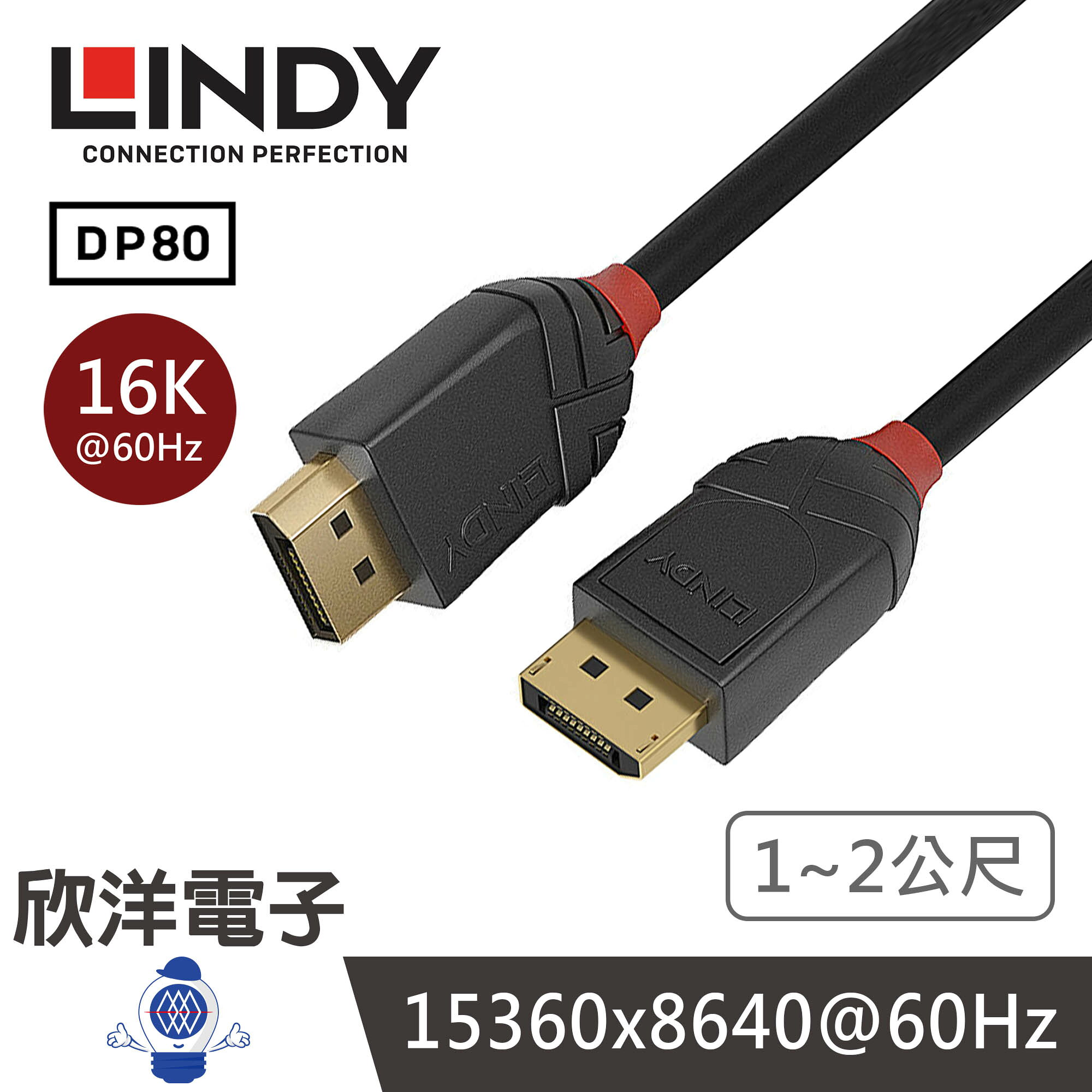 ※ 欣洋電子 ※ LINDY林帝 BLACK LINE DP 2.1版 80G 公 to 公 傳輸線 1~2公尺 (36520) (36521)