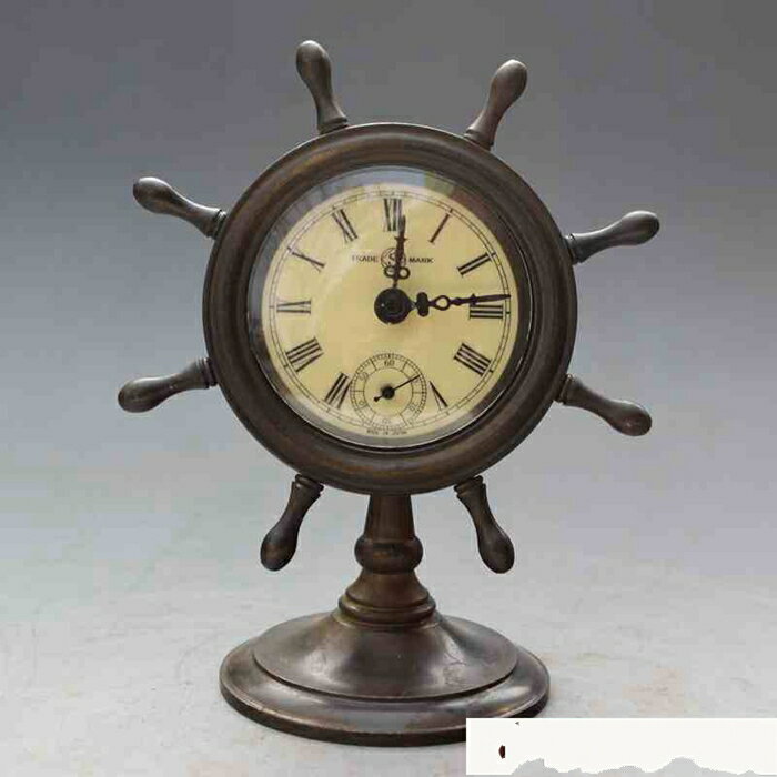 古玩雜項 復古純銅鐘表擺件 舵盤純銅機械鐘表古董裝飾收藏藝術