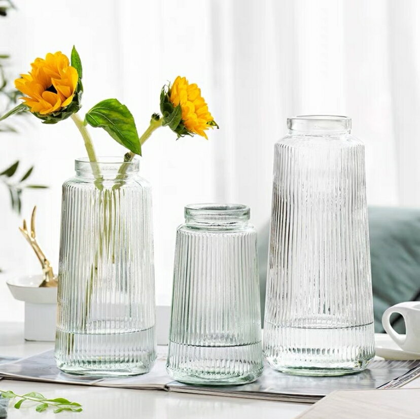 花瓶 透明直紋花瓶 北歐簡約玻璃花瓶網紅