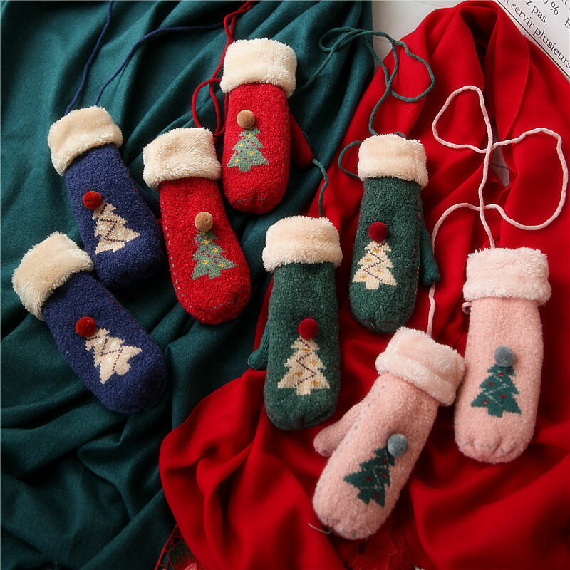 沛錦手套女士 冬天圣誕節禮物紅綠色圣誕樹加絨保暖掛繩包指手套1入