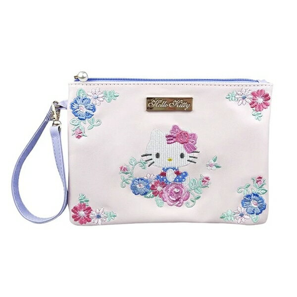 【震撼精品百貨】凱蒂貓 Hello Kitty~日本SANRIO三麗鷗 KITTY皮質扁平刺繡收納包 (花花世界)*88108