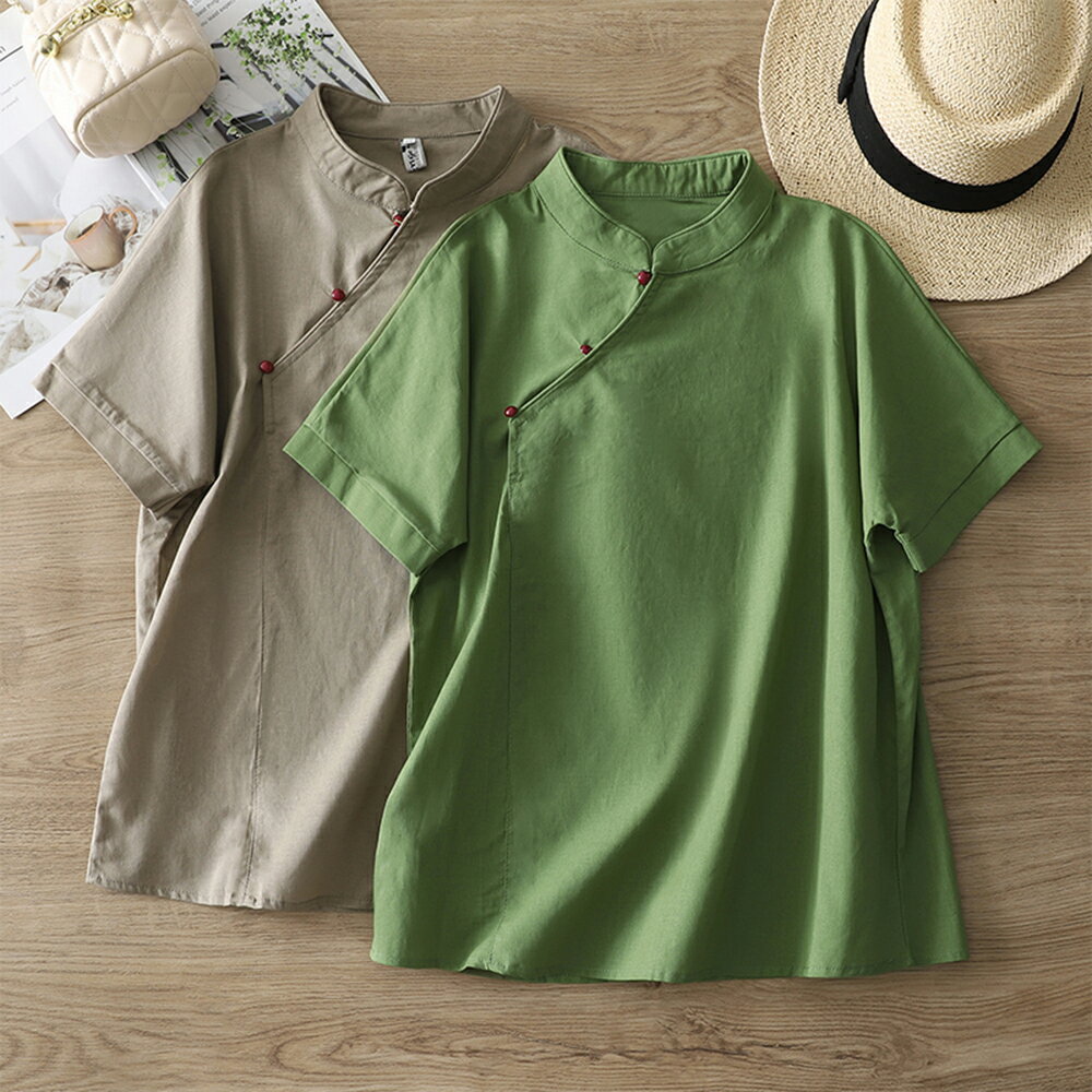 ＊ORead＊復古亞麻盤扣立領短袖旗袍上衣(2色M~2XL)