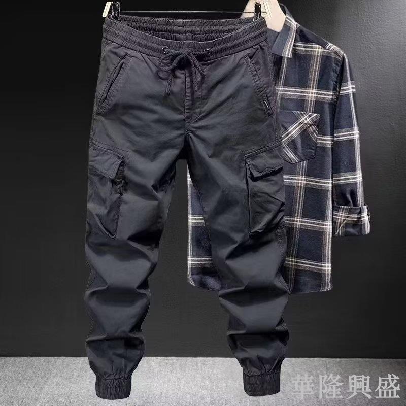 M-5XL 韓版時尚工裝束口褲男 抽繩綁帶運動褲 多口袋工作褲 縮口褲 修身長褲 素色休閒慢跑褲 男生褲子