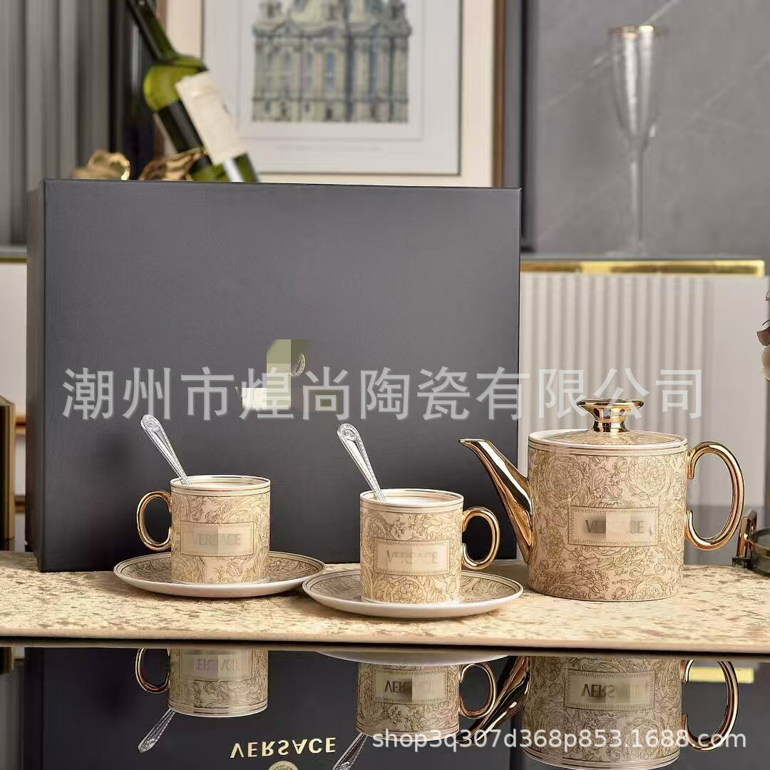 新品歐式輕奢美杜莎釉中彩骨瓷情侶高顏值咖啡杯碟勺壺套裝七件套