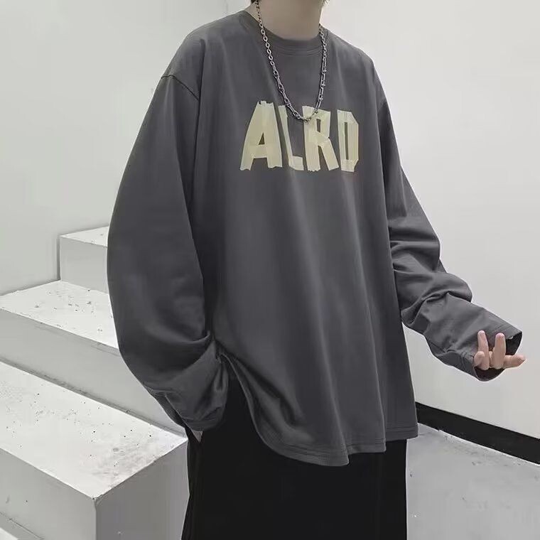 ins男士長袖T恤 秋衣 上衣 T恤 打底衫 春秋季薄款印花圓領上衣服寬鬆潮流ins秋衣打底衫 韓版男裝